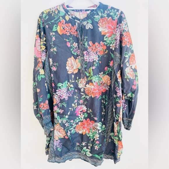 Johnny Was Grey Pink multicolor floral button up long sleeve tunic top L - Picture 2 of 7